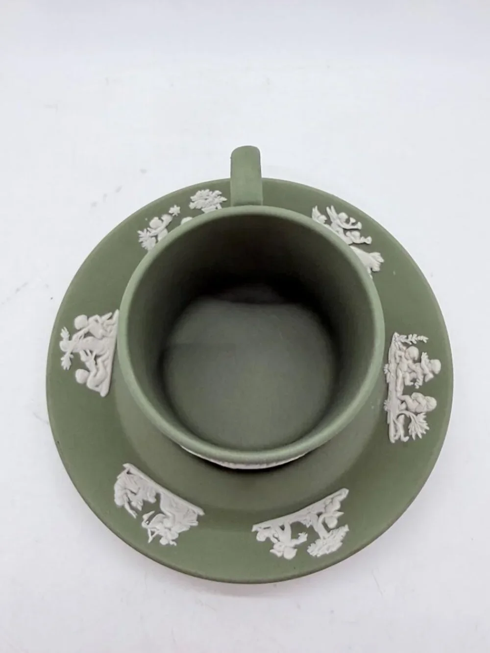 Vintage Wedgwood Sage Celadon Green Jasperware Demitasse Espresso Cup & Saucer